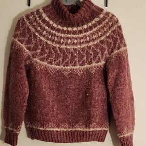 Elegant Women's Turtleneck Sweater -by TRICOTE A LA MAIN Hand Burgundy and Cream